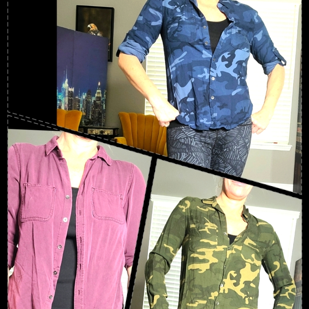 3 Rock & Republic Button Down Womens Blouse Camouflage XS